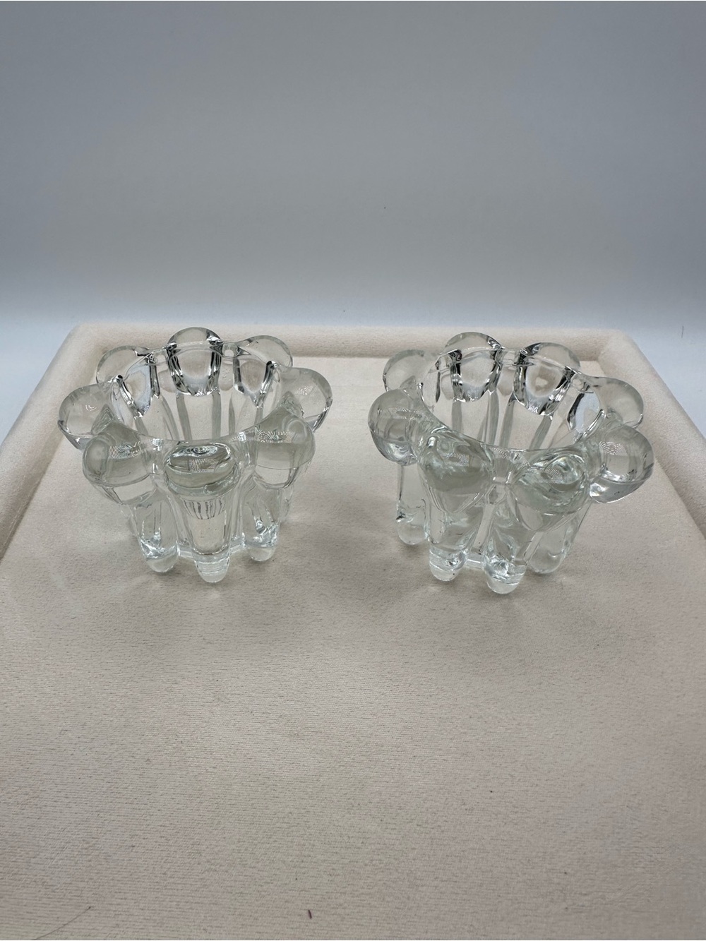 Vintage Clear Glass Flower Candle Holders Pair Pressed Glass Floral Decor